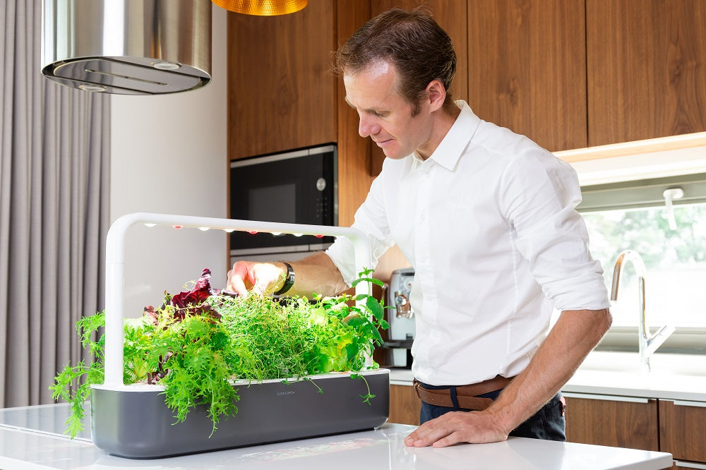 Man observing plants growing in the Click & Grow Smart Garden 9.