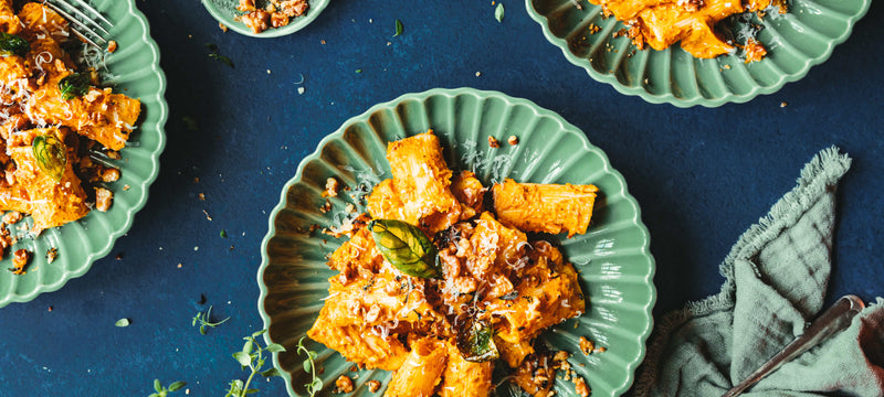 Creamy Pumpkin Rigatoni with Thyme Walnuts and crispy Basil