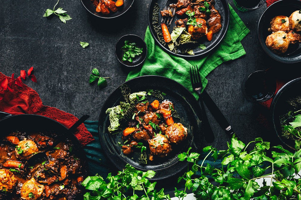 Beef Stew with Carrots, Leafy Celery and Lovage Potato Dumplings.