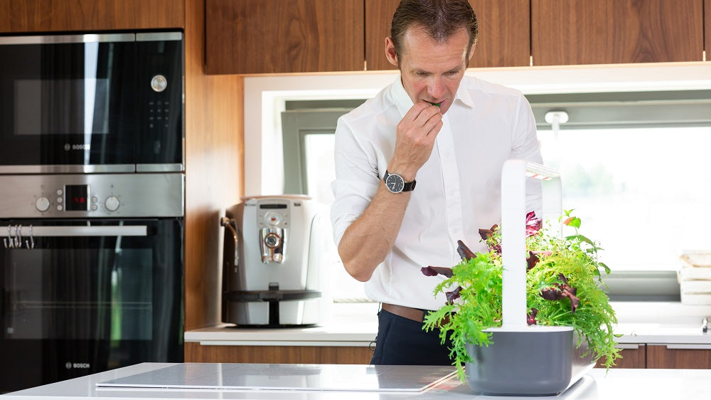 Man tasting salad grown in a smart garden.