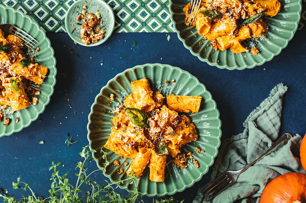 Creamy Pumpkin Rigatoni with Thyme Walnuts and crispy Basil