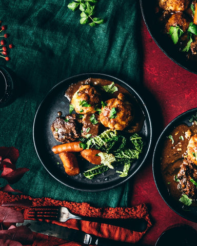 Beef Stew with Carrots, Leafy Celery and Lovage Potato Dumplings.