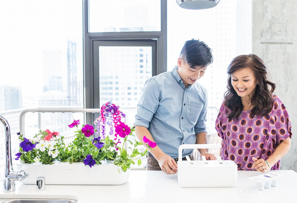 A family having fun using Click & Grow smart gardens on their kitchen counter top.