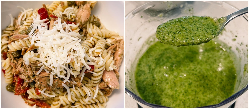 Tune pesto pasta collage.