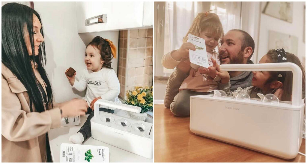 Collage of families having fun using Click and Grow smart gardens.