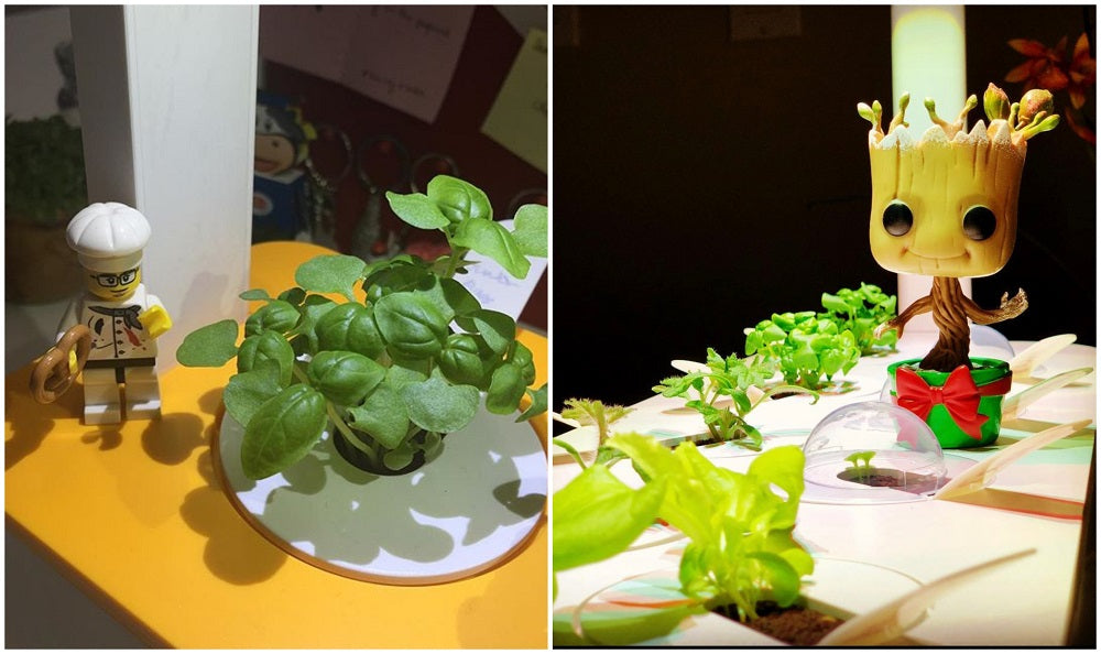 Collage of toys placed on the surface of Click & Grow smart indoor gardens.